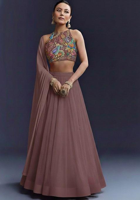 Mauve Embroidered Crepe Lehenga Set
