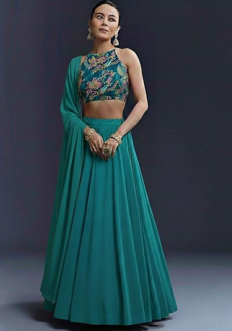 Teal Blue Embroidered Crepe Lehenga Set