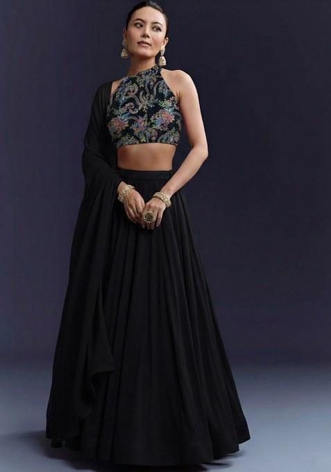 Black Embroidered Crepe Lehenga Set