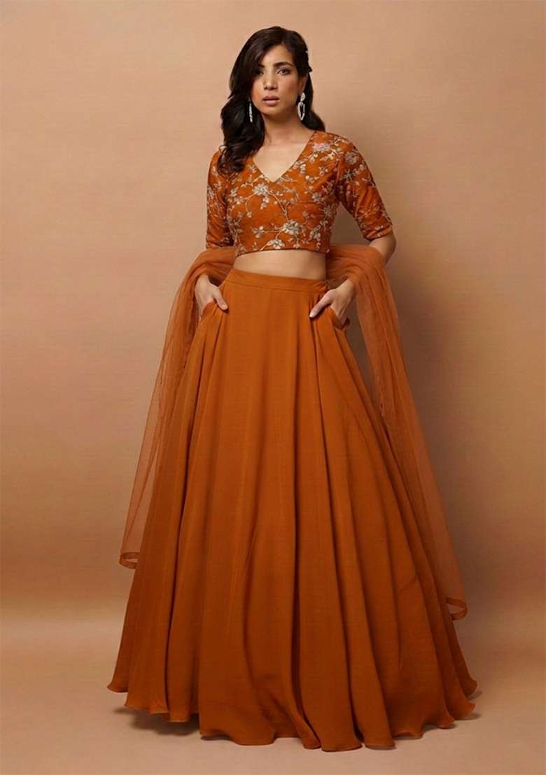 Rust Orange Embroidered Crepe Lehenga Set - Indya
