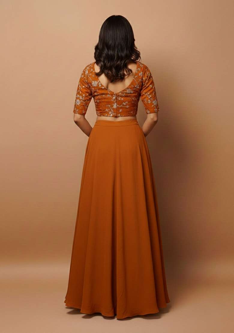 Rust Orange Embroidered Crepe Lehenga Set - Indya