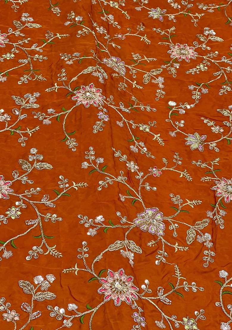 Rust Orange Embroidered Crepe Lehenga Set - Indya