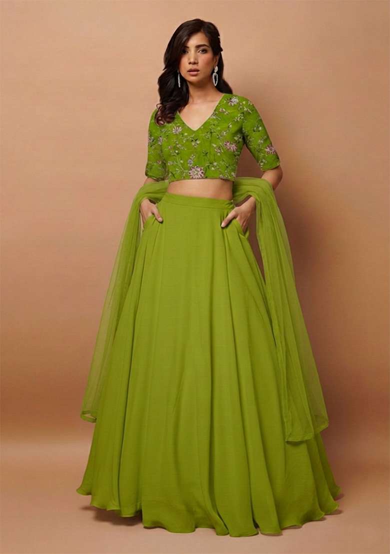 Leaf Green Embroidered Crepe Lehenga Set - Indya