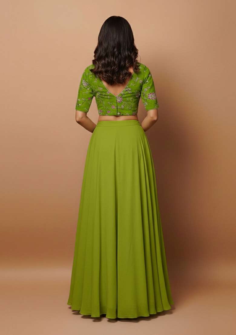 Leaf Green Embroidered Crepe Lehenga Set - Indya