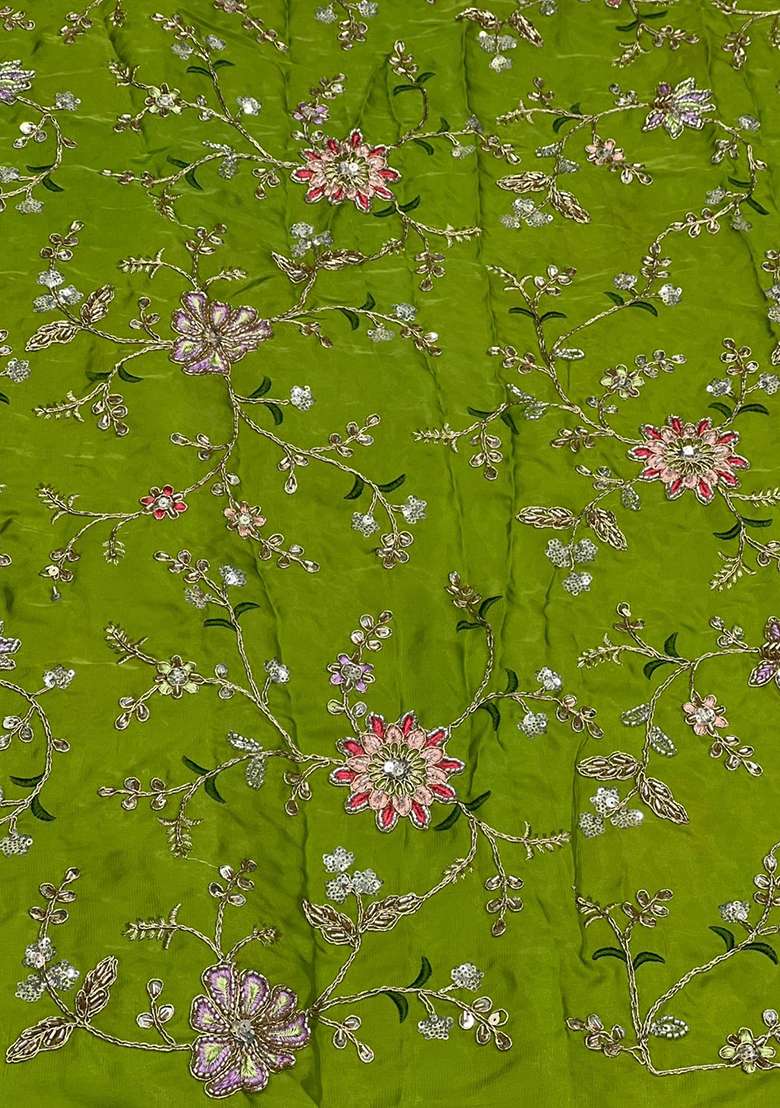 Leaf Green Embroidered Crepe Lehenga Set - Indya