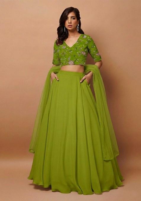 Leaf Green Embroidered Crepe Lehenga Set