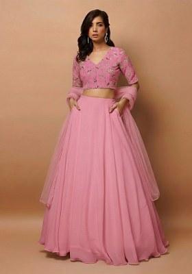 Pink Embroidered Crepe Lehenga Set