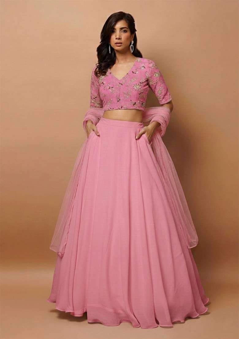 Pink Embroidered Crepe Lehenga Set - Indya