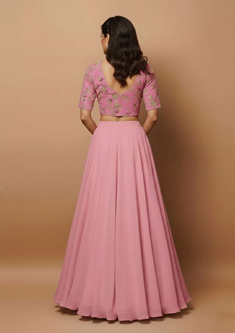 Pink Embroidered Crepe Lehenga Set - Indya