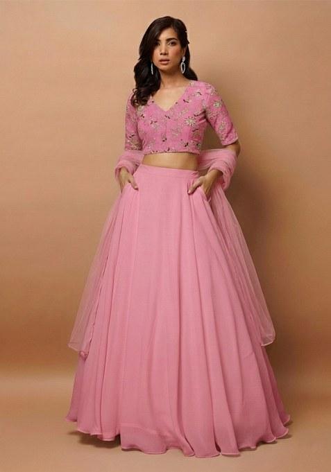 Pink Embroidered Crepe Lehenga Set