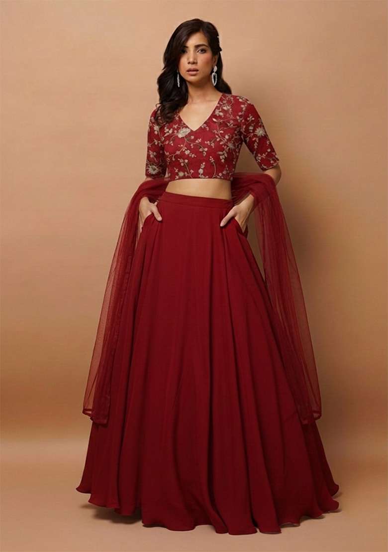 Red Embroidered Crepe Lehenga Set - Indya