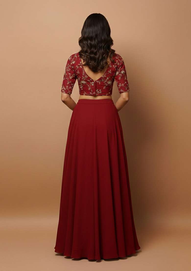 Red Embroidered Crepe Lehenga Set - Indya