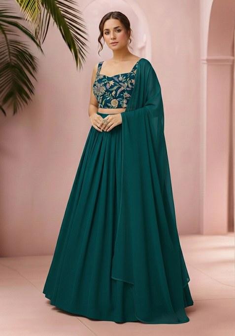 Deep Teal Green Embroidered Crepe Lehenga Set