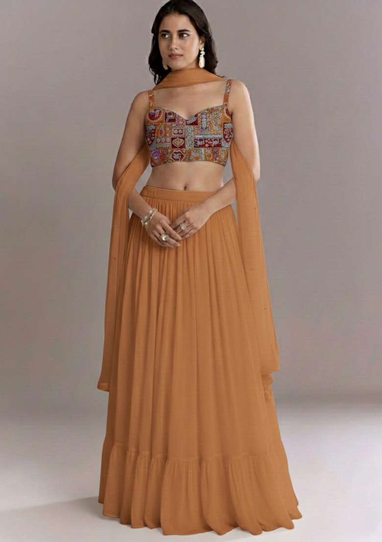 Rust Orange Printed Crepe Lehenga Set - Indya