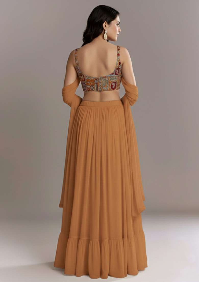 Rust Orange Printed Crepe Lehenga Set - Indya