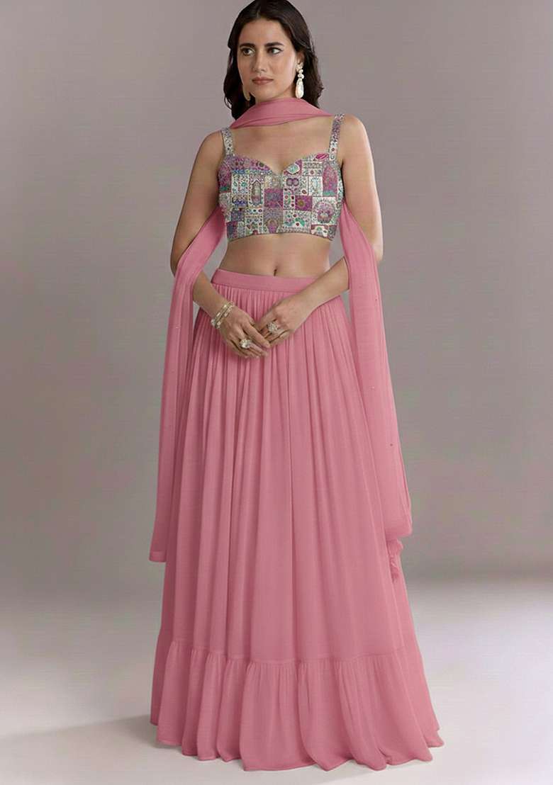 Blush Pink Printed Crepe Lehenga Set - Indya