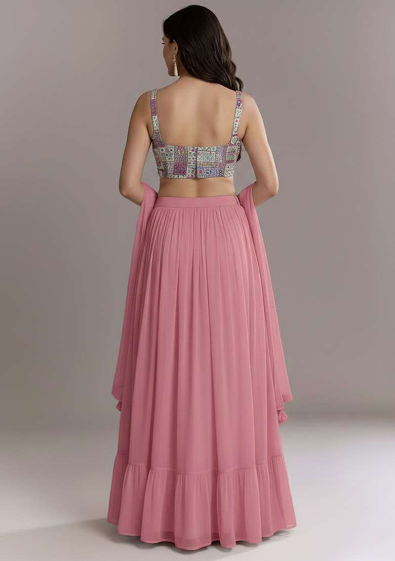 Blush Pink Printed Crepe Lehenga Set - Indya