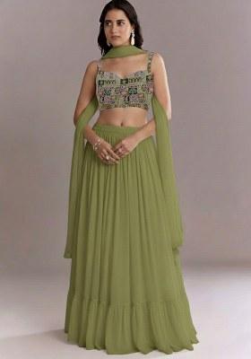 Olive Green Printed Crepe Lehenga Set