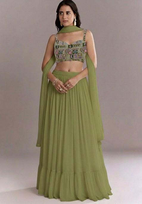 Olive Green Printed Crepe Lehenga Set