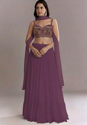 Wine Printed Crepe Lehenga Set