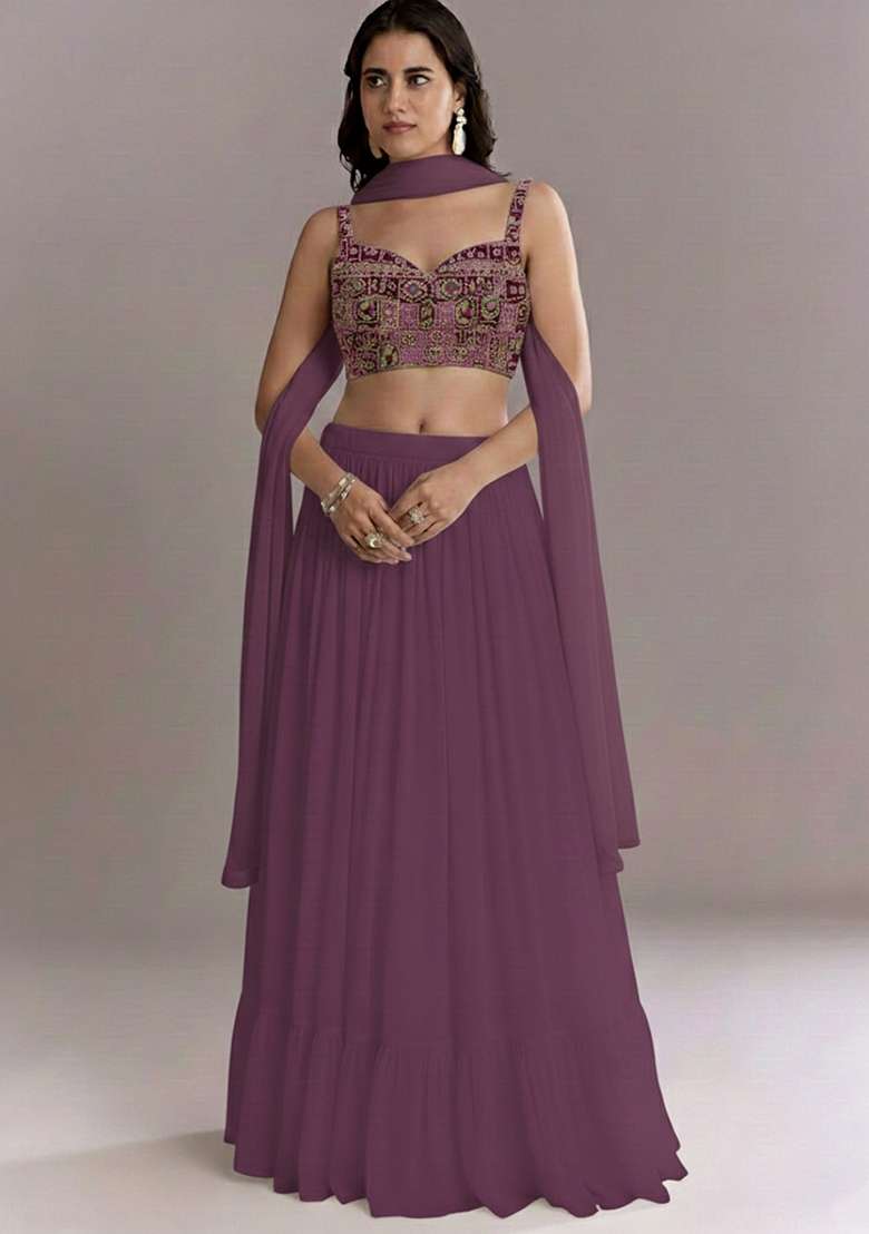 Wine Printed Crepe Lehenga Set - Indya