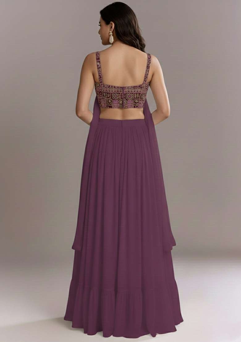 Wine Printed Crepe Lehenga Set - Indya