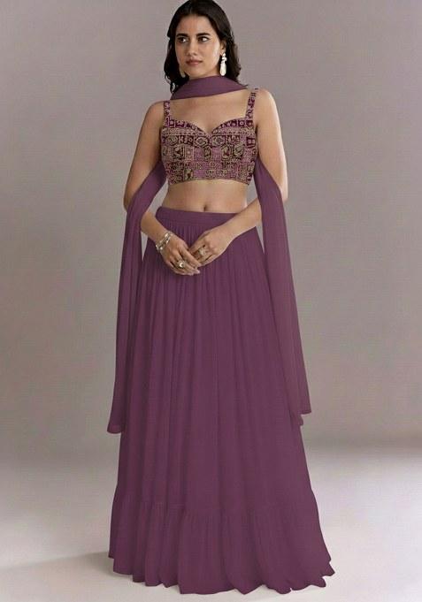 Wine Printed Crepe Lehenga Set