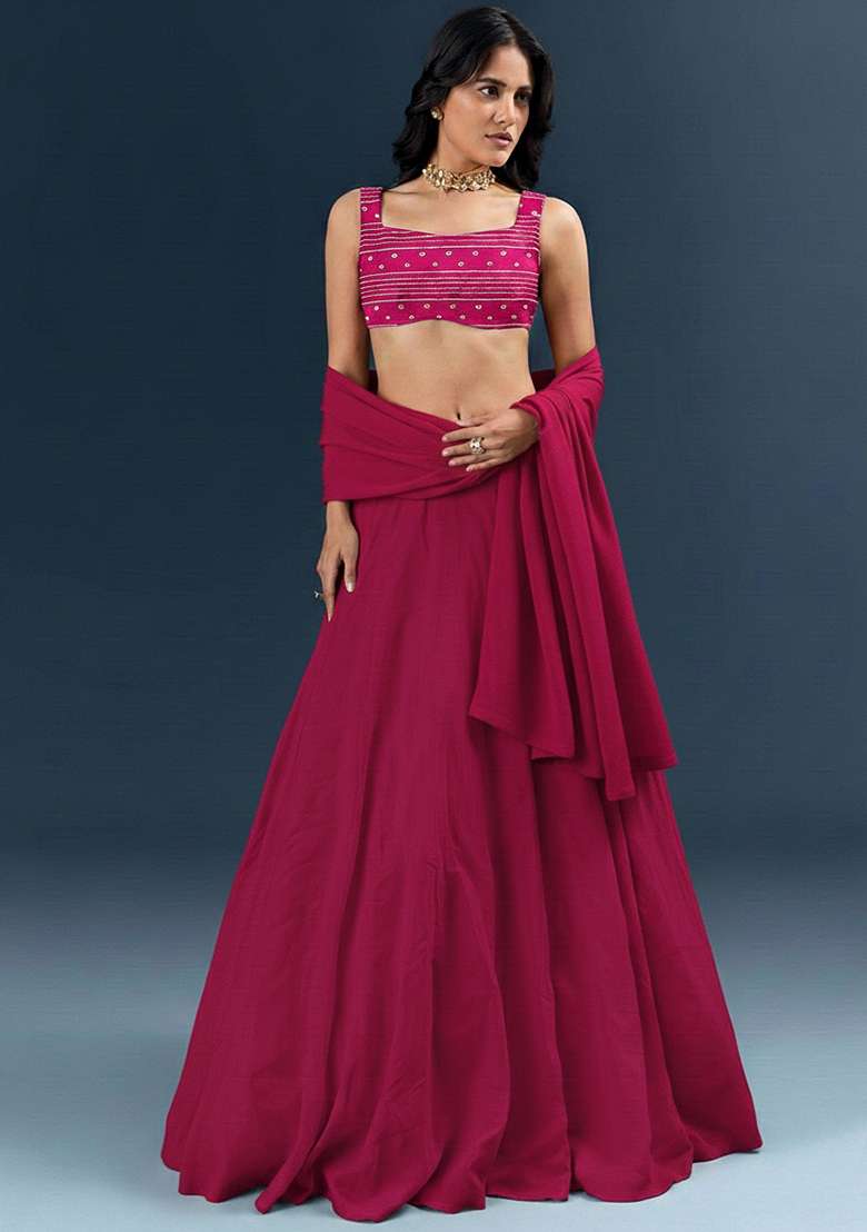 Magenta Pink Embroidered Chanderi Lehenga Set - Indya