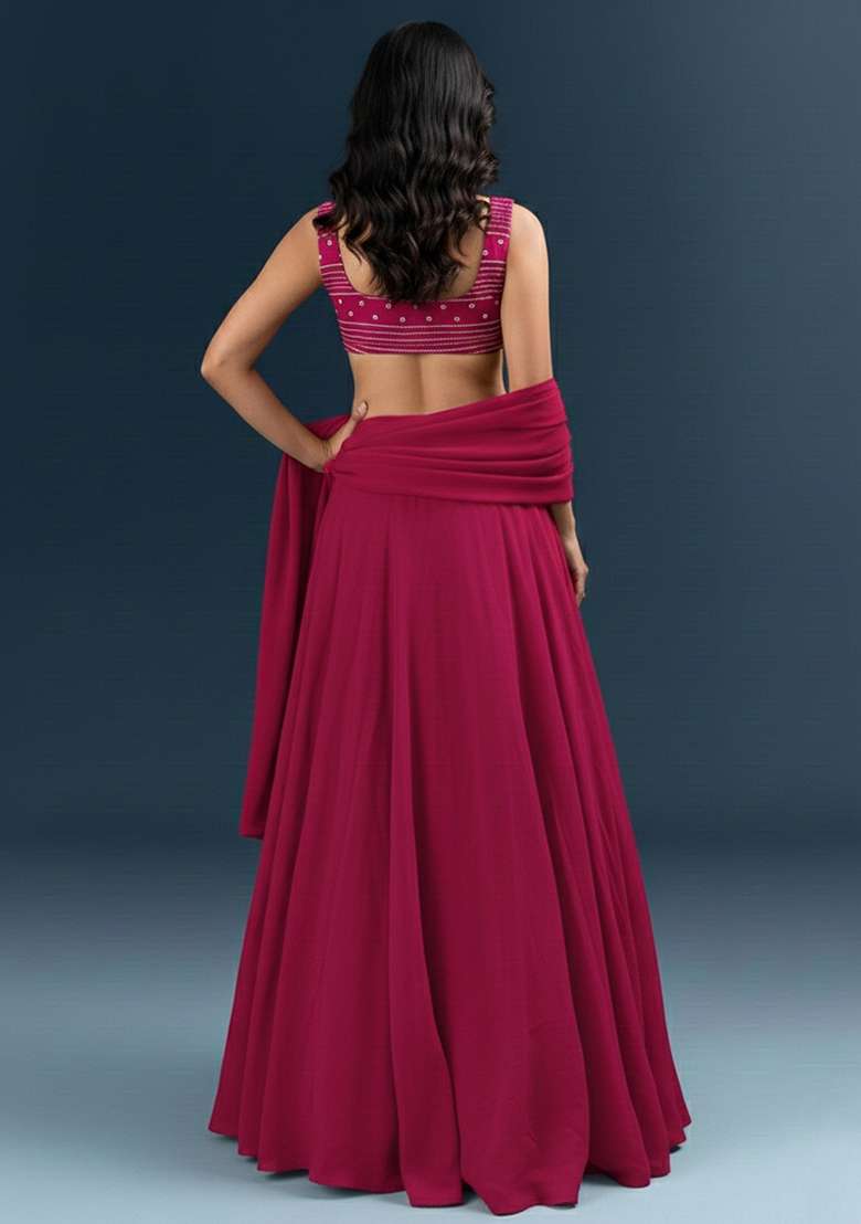 Magenta Pink Embroidered Chanderi Lehenga Set - Indya