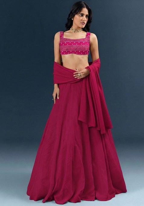 Magenta Pink Embroidered Chanderi Lehenga Set