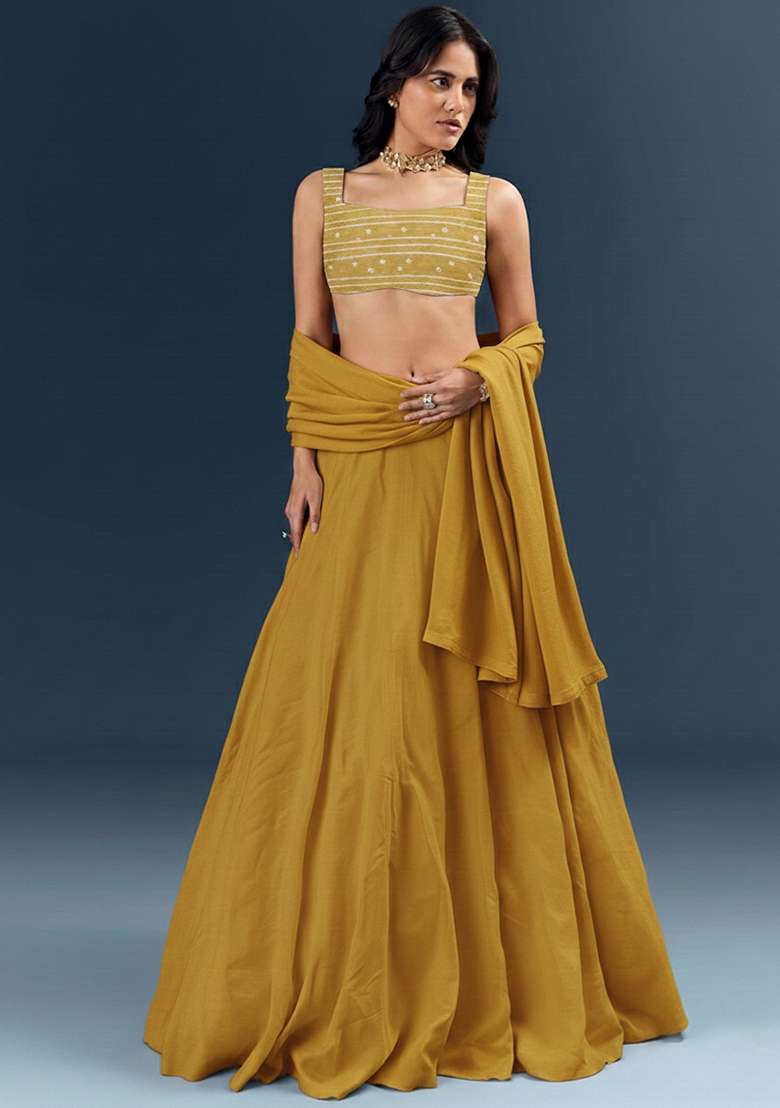 Mustard Embroidered Chanderi Lehenga Set - Indya