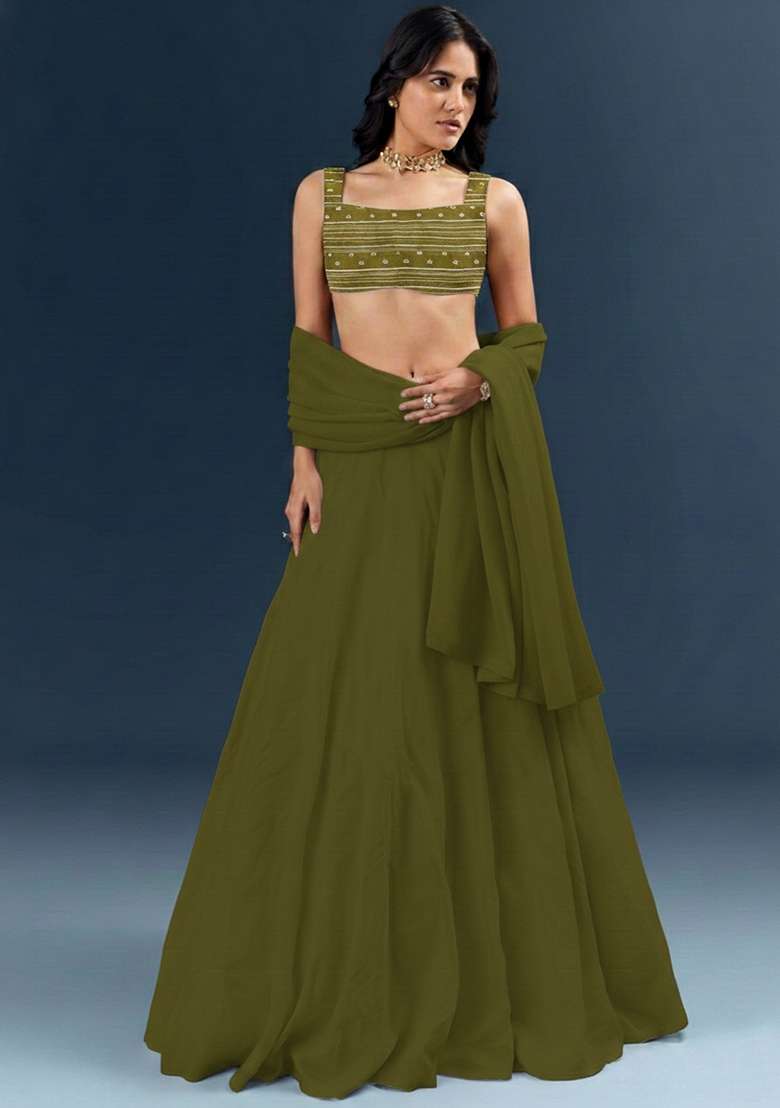 Olive Green Embroidered Chanderi Lehenga Set - Indya