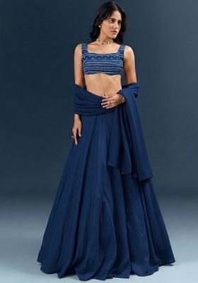 Navy Blue Embroidered Chanderi Lehenga Set