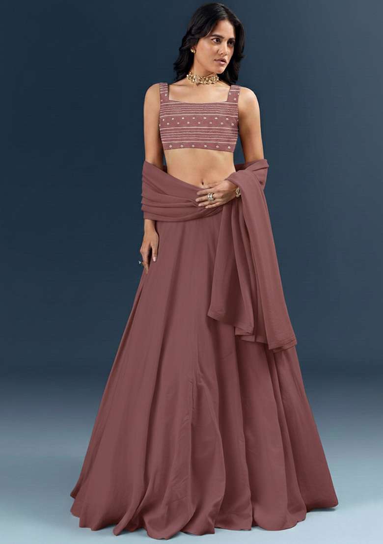 Mauve Embroidered Chanderi Lehenga Set - Indya