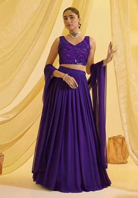 Violet Purple Embroidered Georgette Lehenga Set