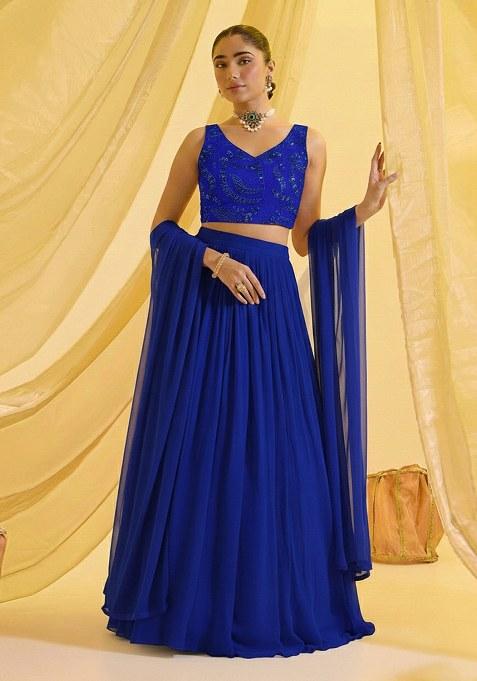Royal Blue Embroidered Georgette Lehenga Set