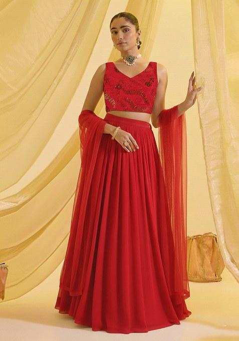 Red Embroidered Georgette Lehenga Set