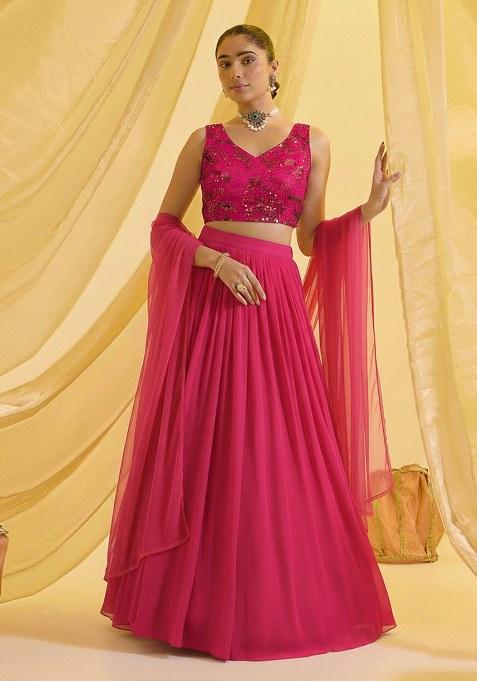 Hot Pink Embroidered Georgette Lehenga Set