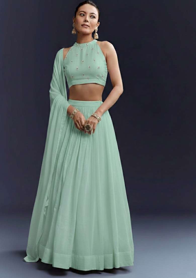 Mint Silk Blend Lehenga Set with Printed for Diwali | Wedding & Festive Wear - Indya