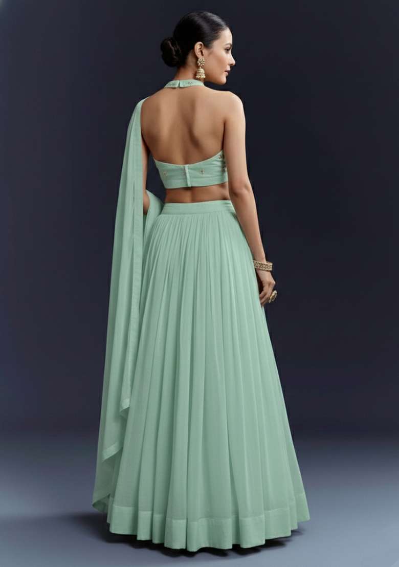 Mint Silk Blend Lehenga Set with Printed for Diwali | Wedding & Festive Wear - Indya