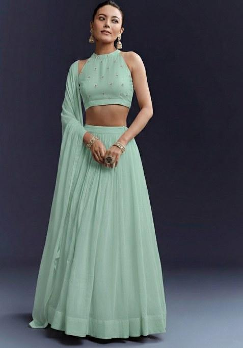 Mint Printed Silk Lehenga Set