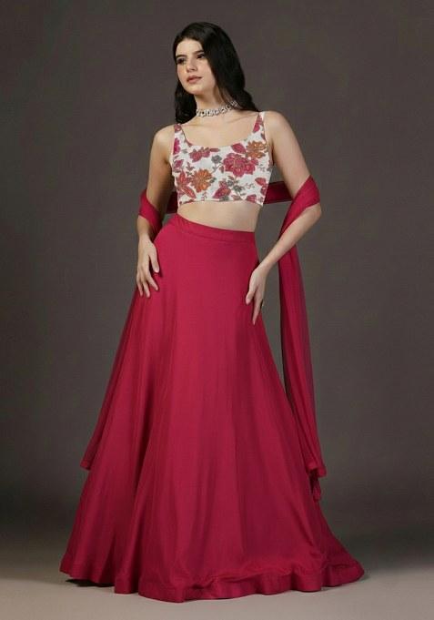 Hot Pink Embroidered Crepe Lehenga Set