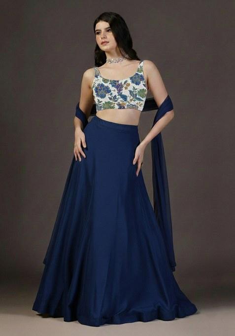 Deep Blue Embroidered Crepe Lehenga Set