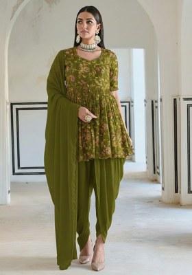 Olive Green Embroidered Crepe Check