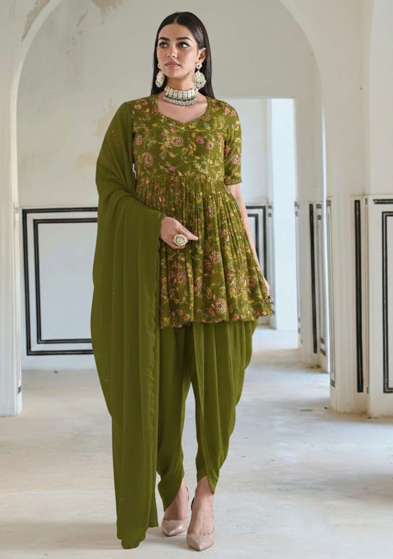 Olive Green Embroidered Crepe Check - Indya