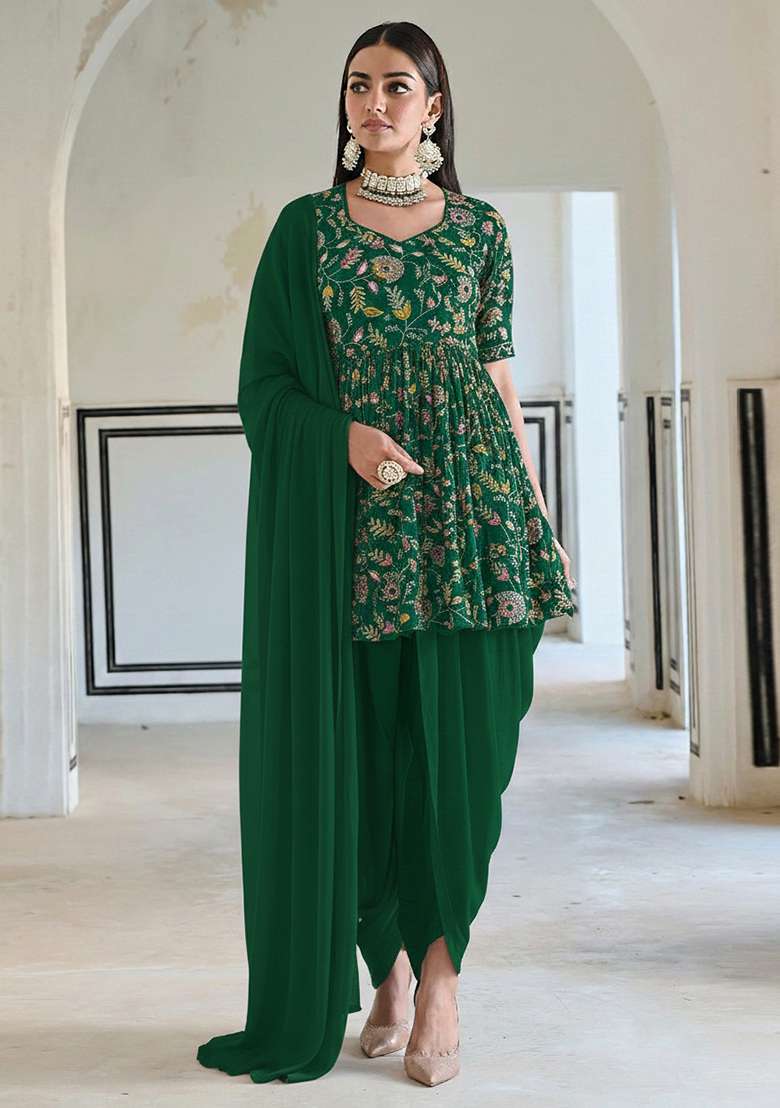 Bottle Green Embroidered Crepe Check - Indya