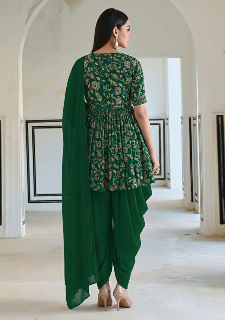 Bottle Green Embroidered Crepe Check - Indya