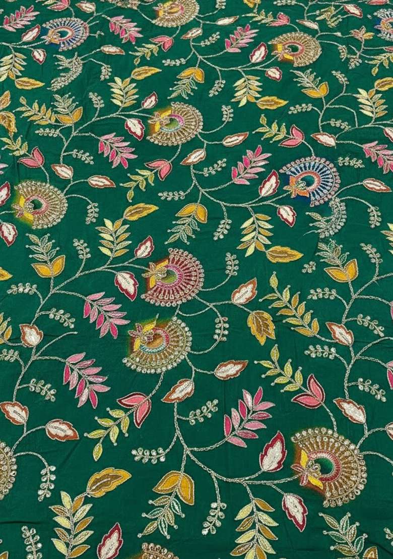 Bottle Green Embroidered Crepe Check - Indya