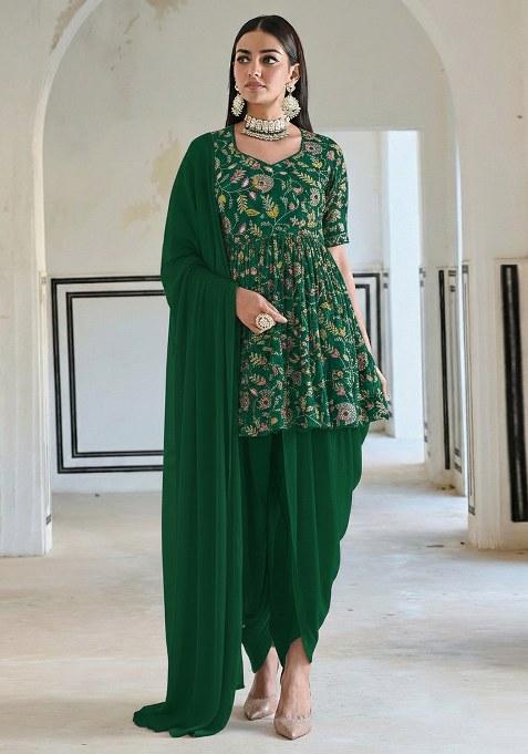 Bottle Green Embroidered Crepe Check