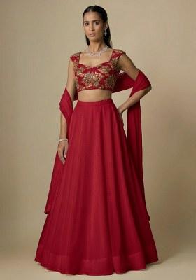 Crimson Red Embroidered Organza Lehenga Set